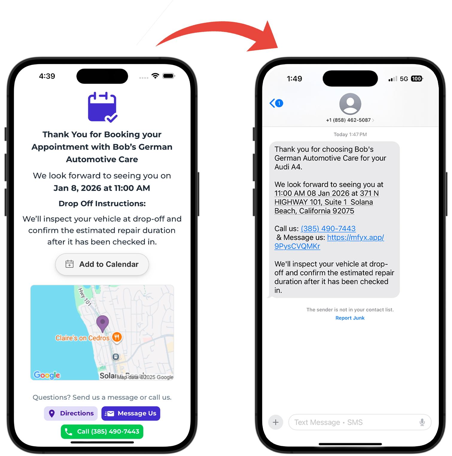Booking confirmation flows into automatic SMS confirmation